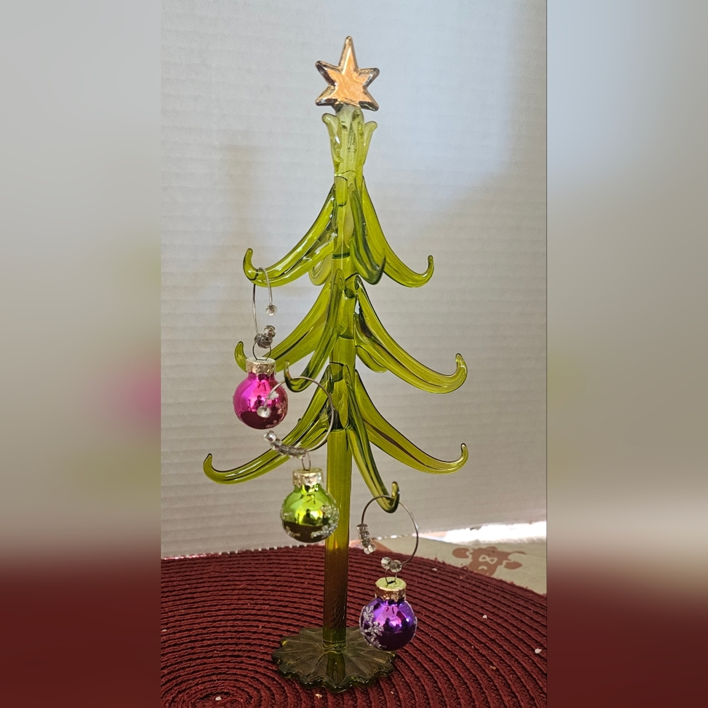 Pier 1 Green Glass Holiday Tree with Ornaments